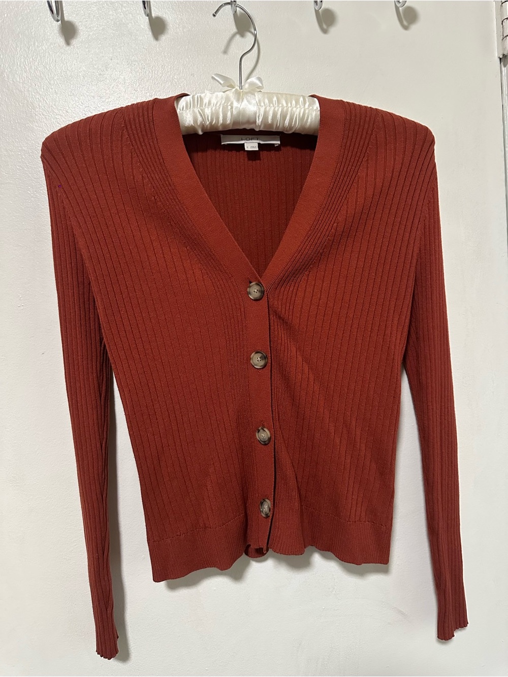 Loft Rust Ribbed V-Neck Button Front Sweater
